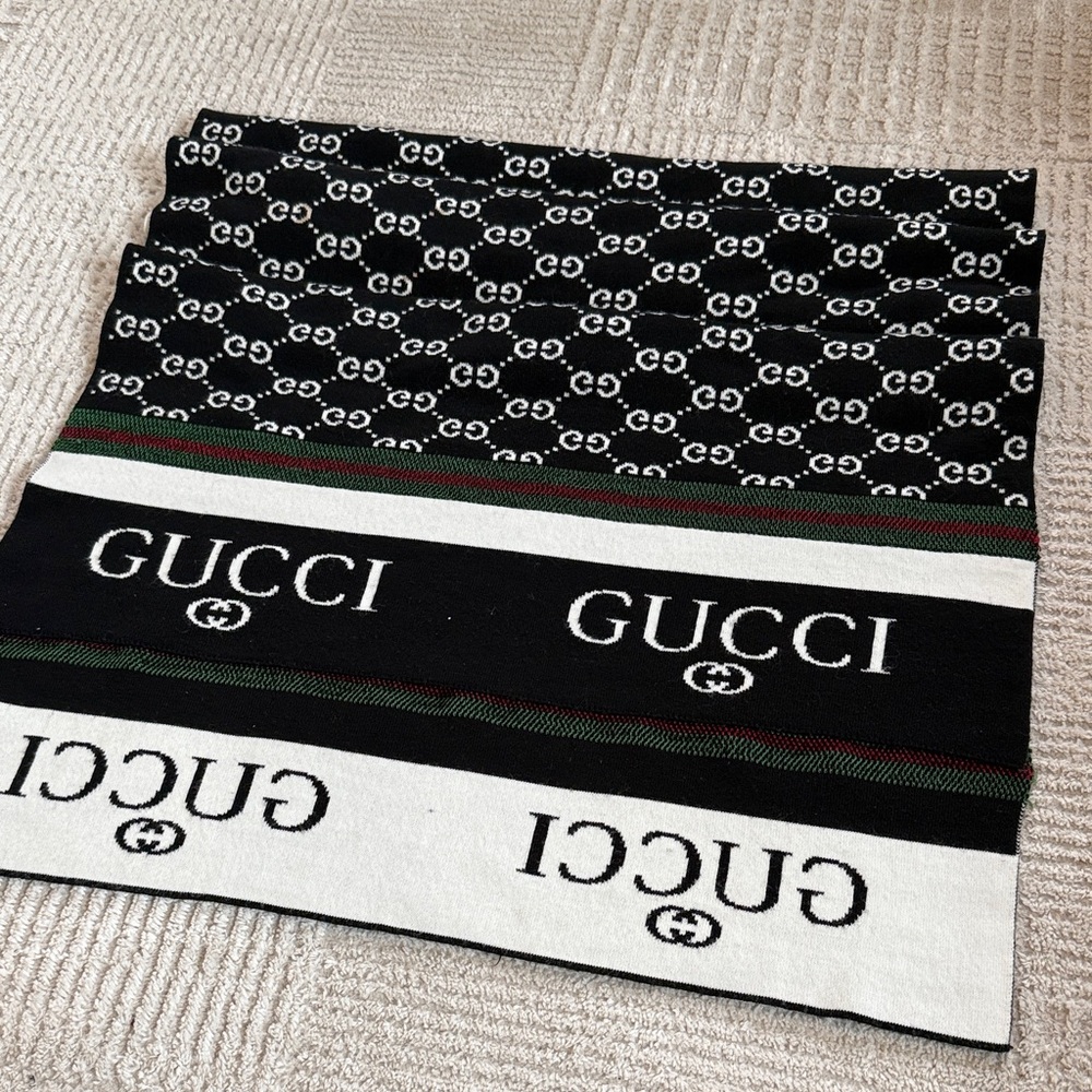 Monogram Black and White Scarf with Green and Red Stripes